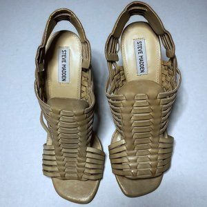 Steve Madden 10 M Sutton Leather Block Stacked Heel Shoes Tan Sandals Sling Back